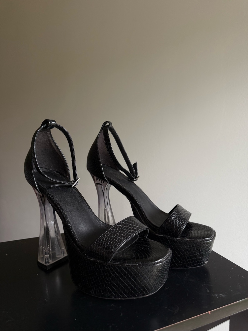 POSTER GIRL Black Snakeskin Platform Sandals with Clear Block Heels